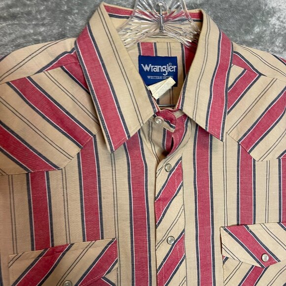 Vtg Wrangler Men Classic Western Cowboy Red Cream Striped Pearl Snap Shirt XL - Picture 4 of 8